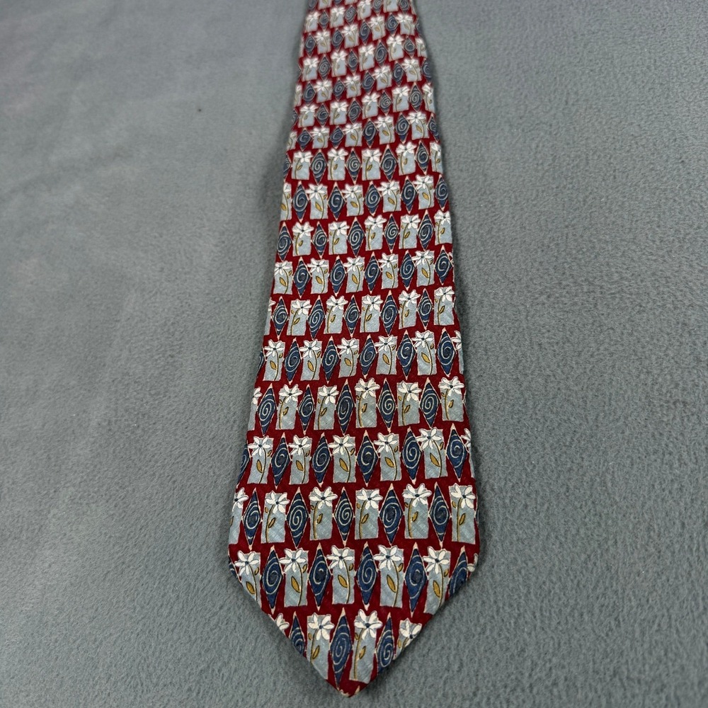 Vintage Structure Mens Silk Tie Burgundy Blue‎ Floral Geometric Made in USA